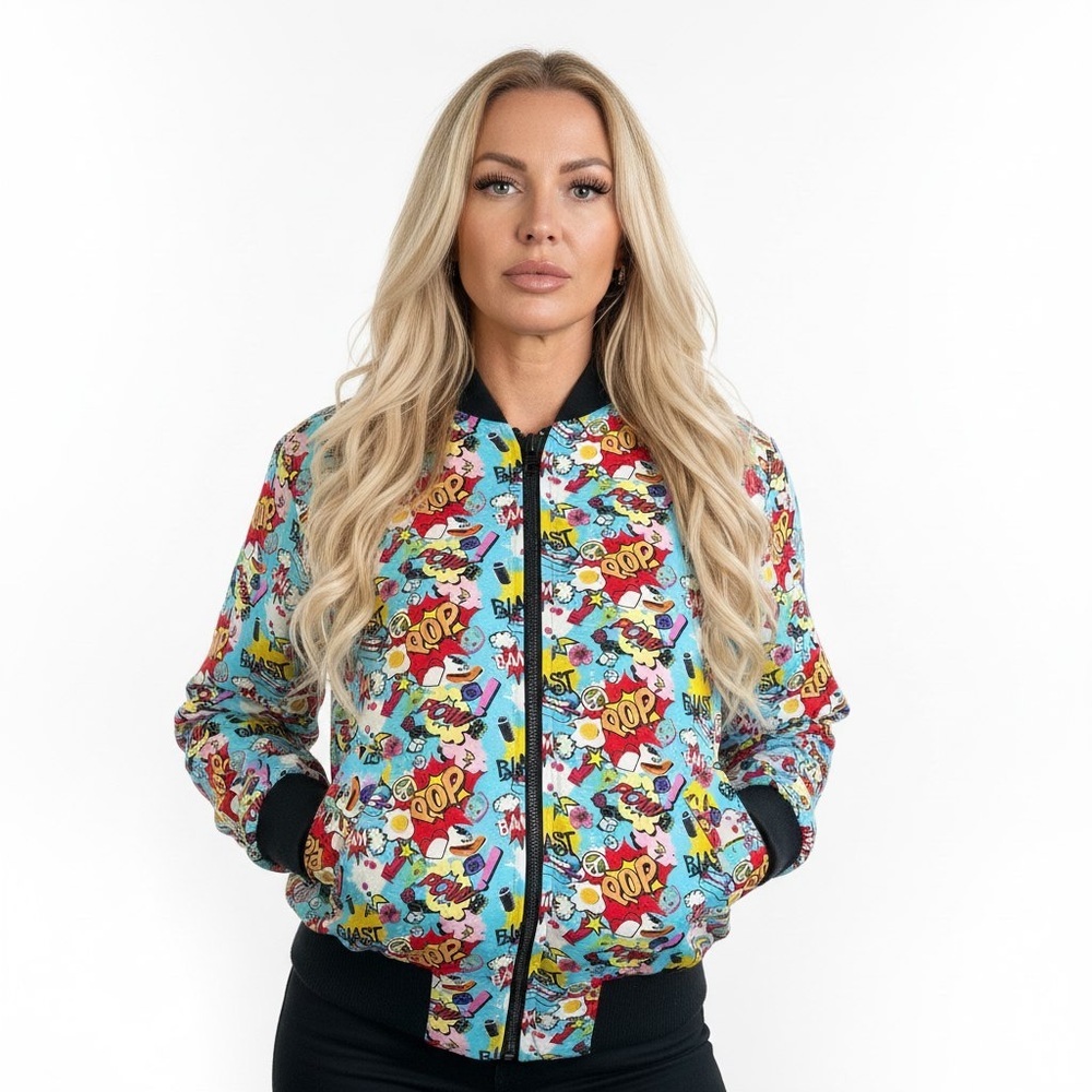 COMIC BOOK BOMBER JACKET CARTOON POW POP GRAPHIC BLUE RED MULTICOLOURED MEDIUM
